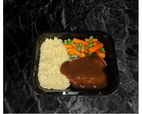 Home made beef olives stuffed with sausagemeat with mashed potatoes, peas,carrots and our signature gravy.